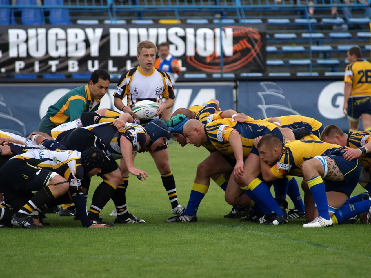 There are few people on a greenery ground playing rugby sport.