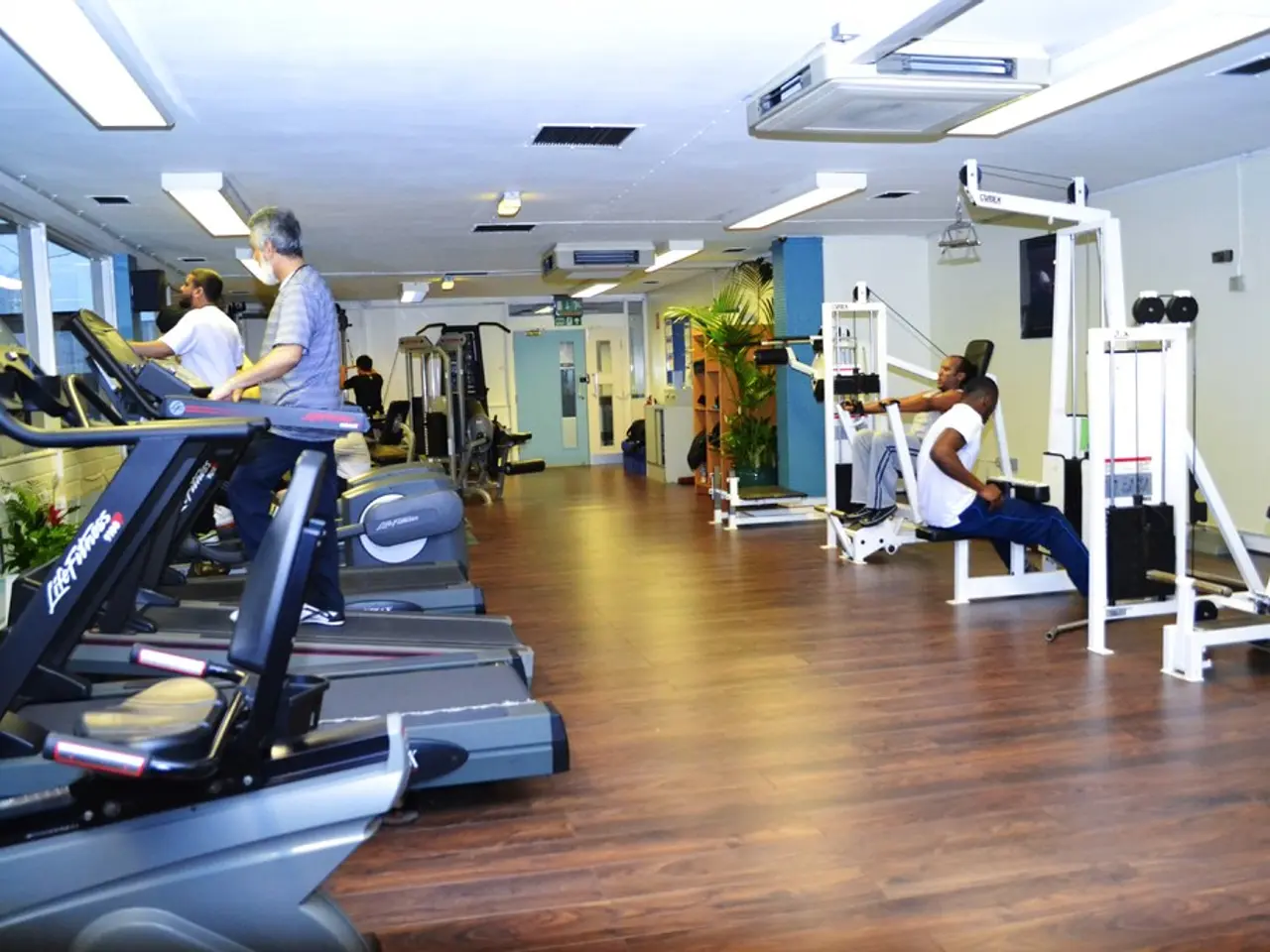 In the image it looks like a gym, there are different equipment and people are doing exercises with...