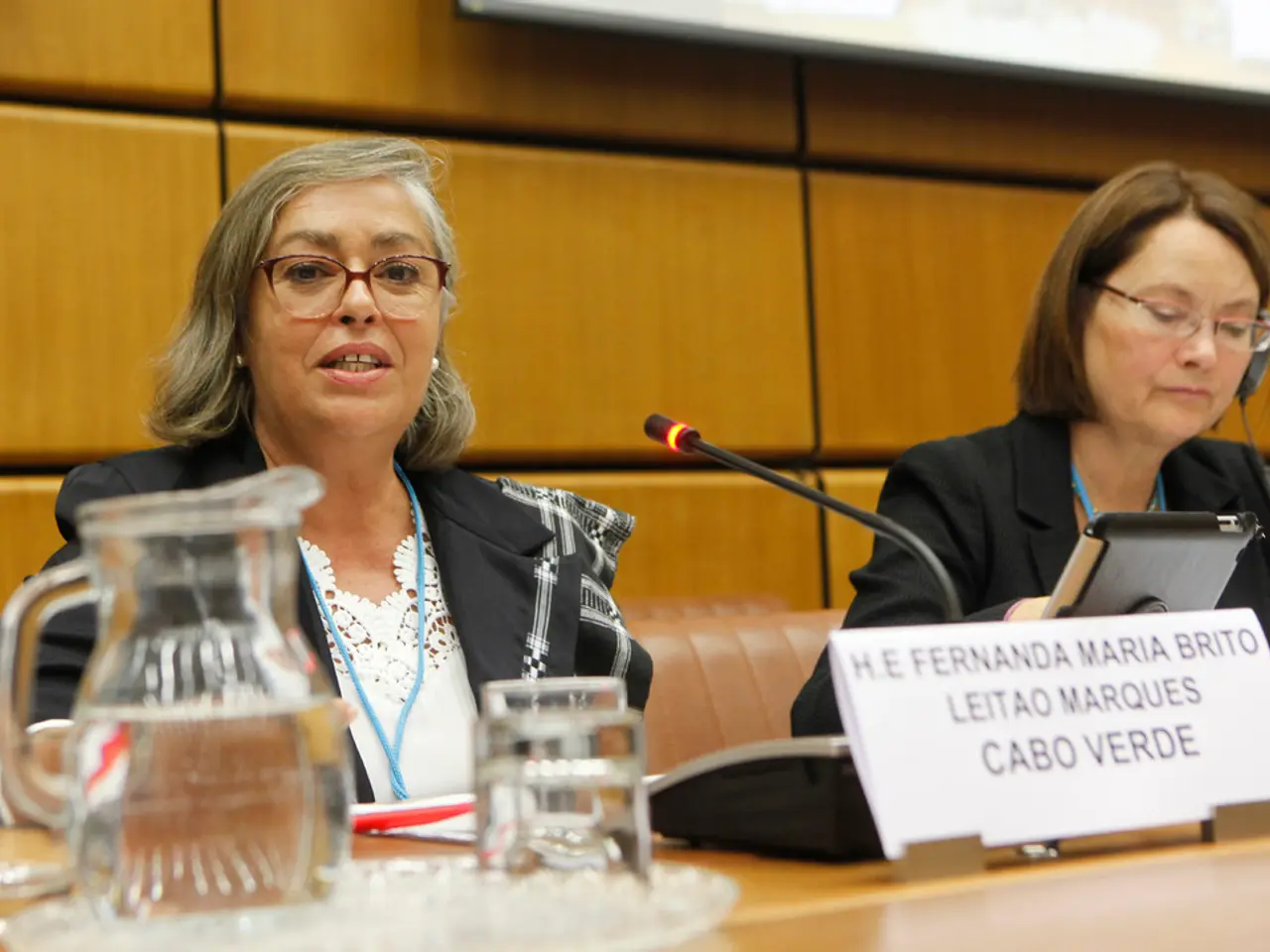 In this image we can see two women wearing spectacles are sitting. In the foreground we can see...