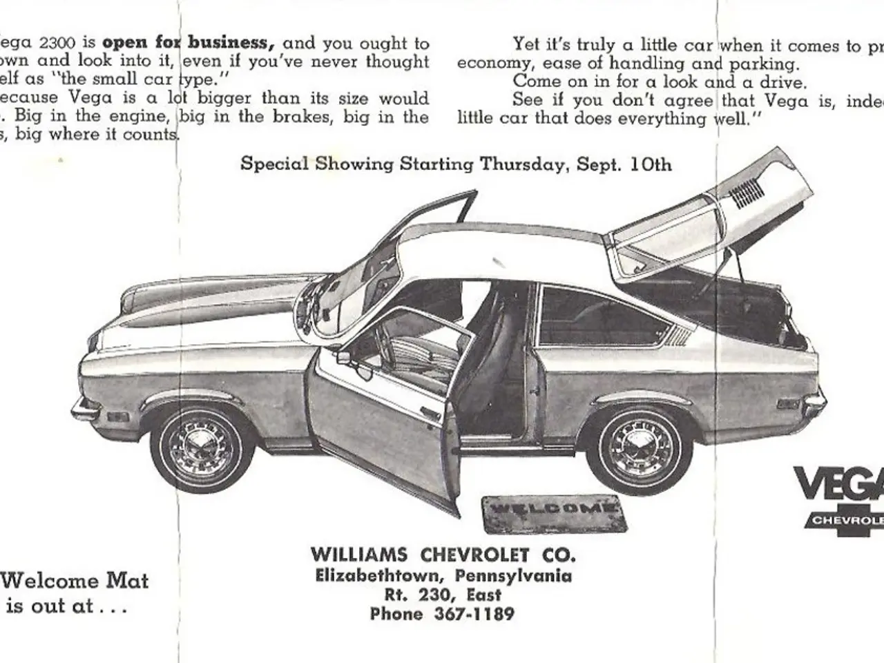 In this picture there is a poster. In the center we can see the car. And doors and trunk is opened....