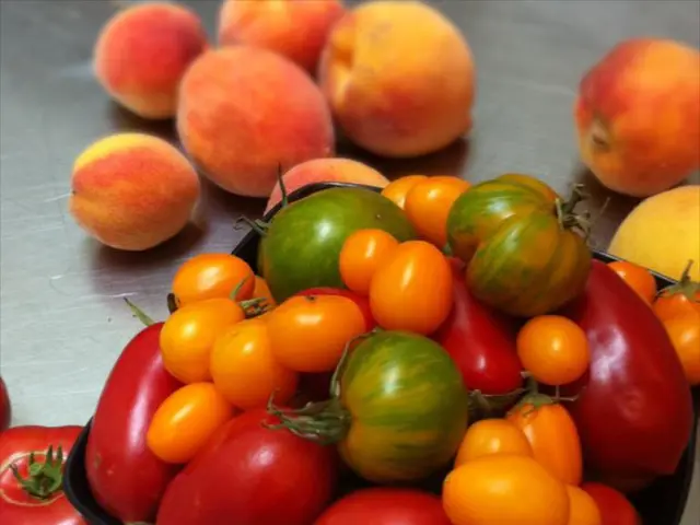 In the foreground of this image, there are tomatoes in a black bowl and a tomato on the steel...