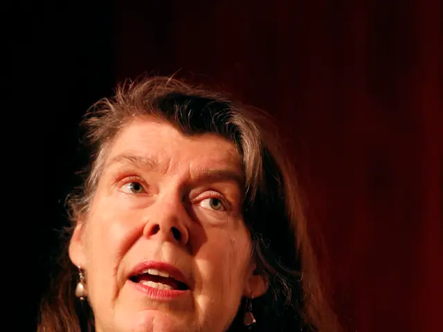 In the image there is a stand with mic and wire. Behind the mic there's a lady with chain around...