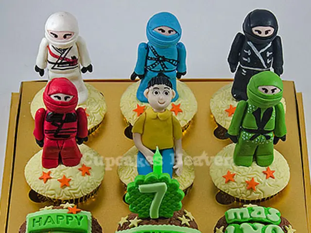 In this picture we can see nine cup cakes present in a box, there are cake decorating items on...