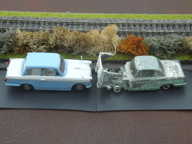 In this image there are depiction of two cars, plants and railway track.