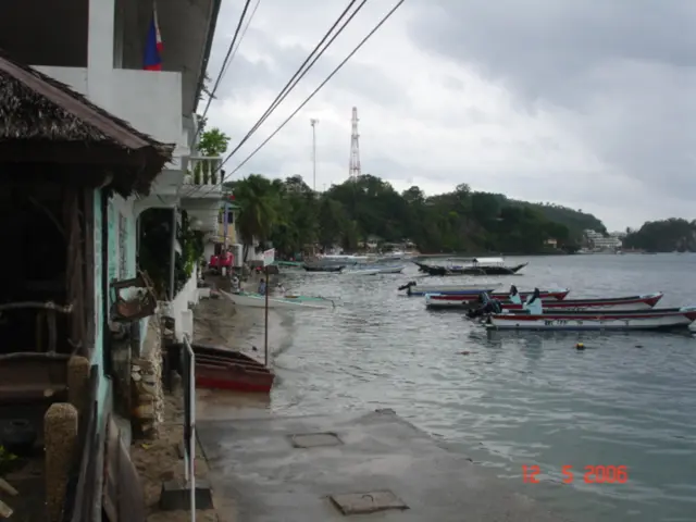 In this image there are boats in the water. On the left side of the image there is a hut. There are...