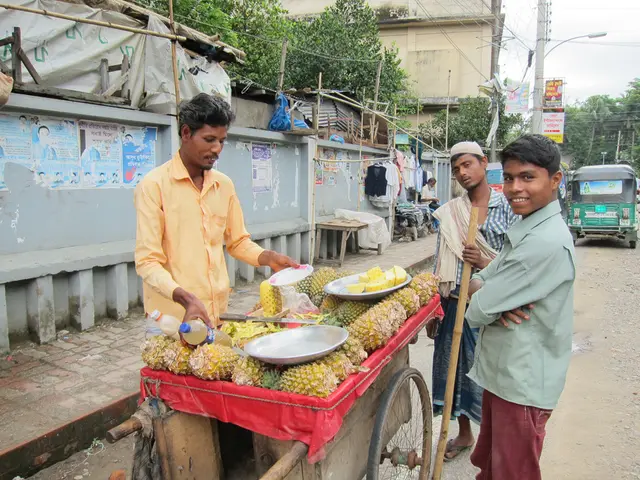 In this picture, we see a fruit cart containing pineapples. Beside that, we see a man is selling...