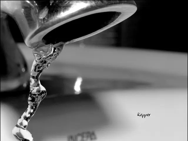 In this picture I can see a tap in front and I see the water and I see the watermark in the middle...